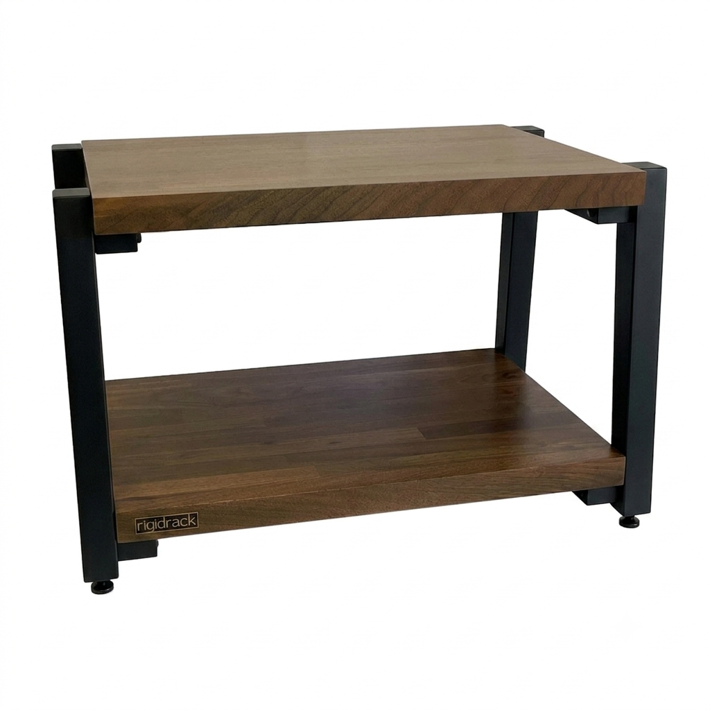 rigidrack® - 2 Shelf Rack - 1½" Thick Solid Walnut Shelves - 1½" Midnite Maple Legs - 12" Shelf Spacing | Choice of Footer