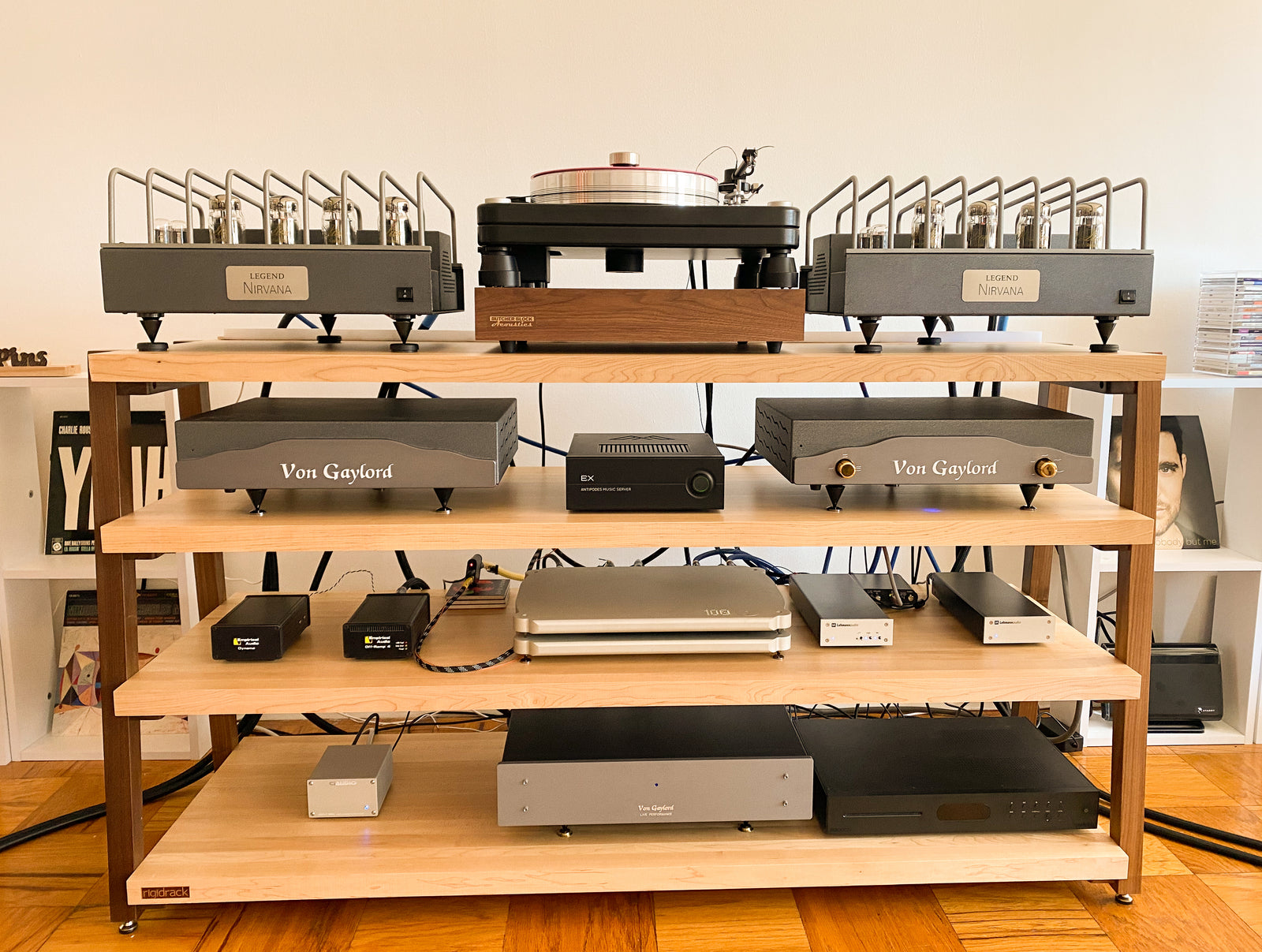rigidrack® - 4 Shelf Rack - 1½" Thick Solid Maple Shelves - 1½" Walnut Legs - Standard Shelf Spacing | Choice of Footer-Est Ship Date 5/15