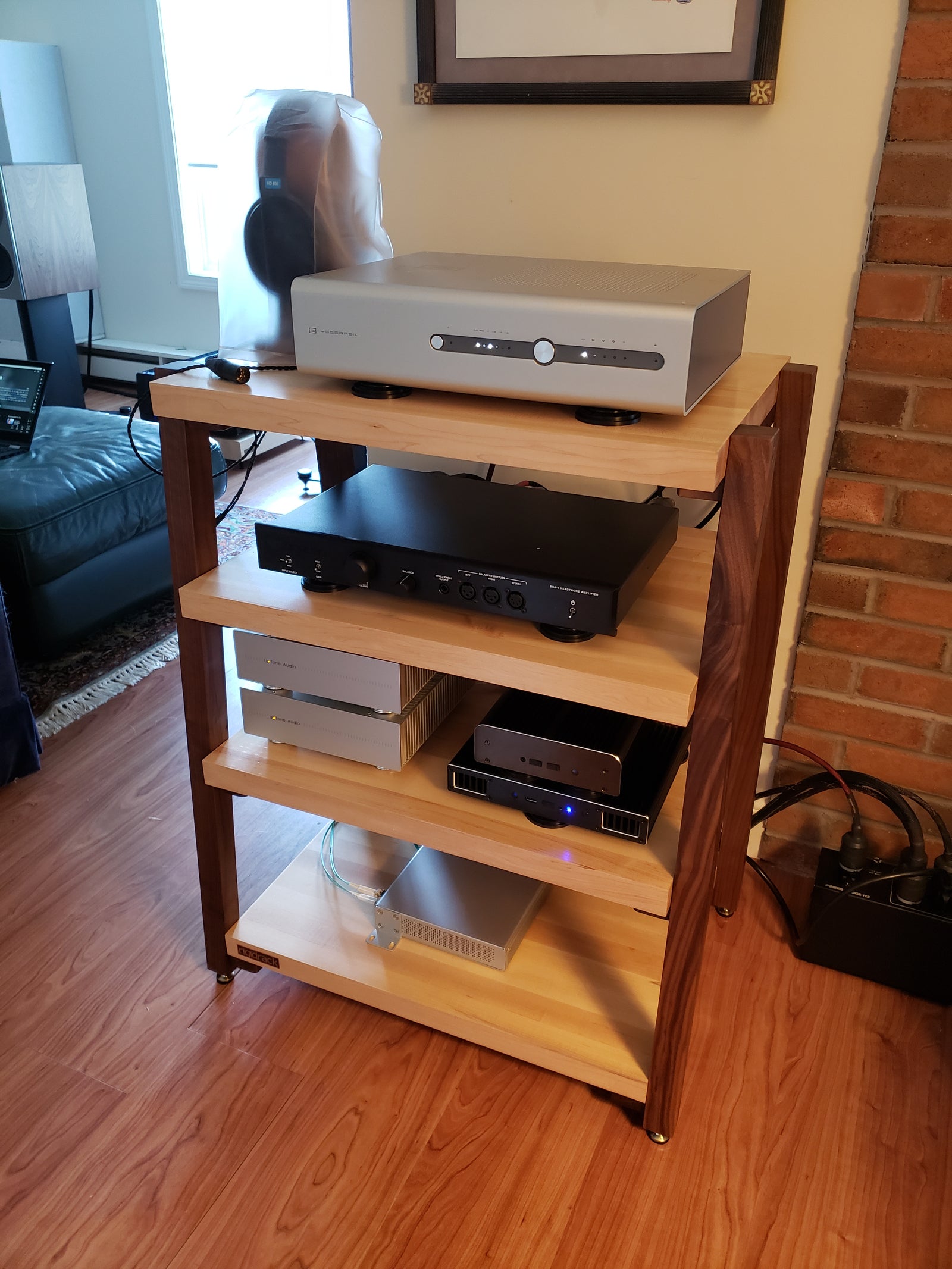 rigidrack® - 4 Shelf Rack - 1½" Thick Solid Maple Shelves - 1½" Walnut Legs - Standard Shelf Spacing | Choice of Footer-Est Ship Date 5/15