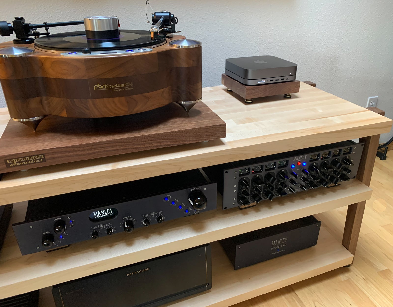 rigidrack® - 3 Shelf Rack - 1½" Thick Solid Maple Shelves - 1½" Walnut Legs - Standard Shelf Spacing | Choice of Footer