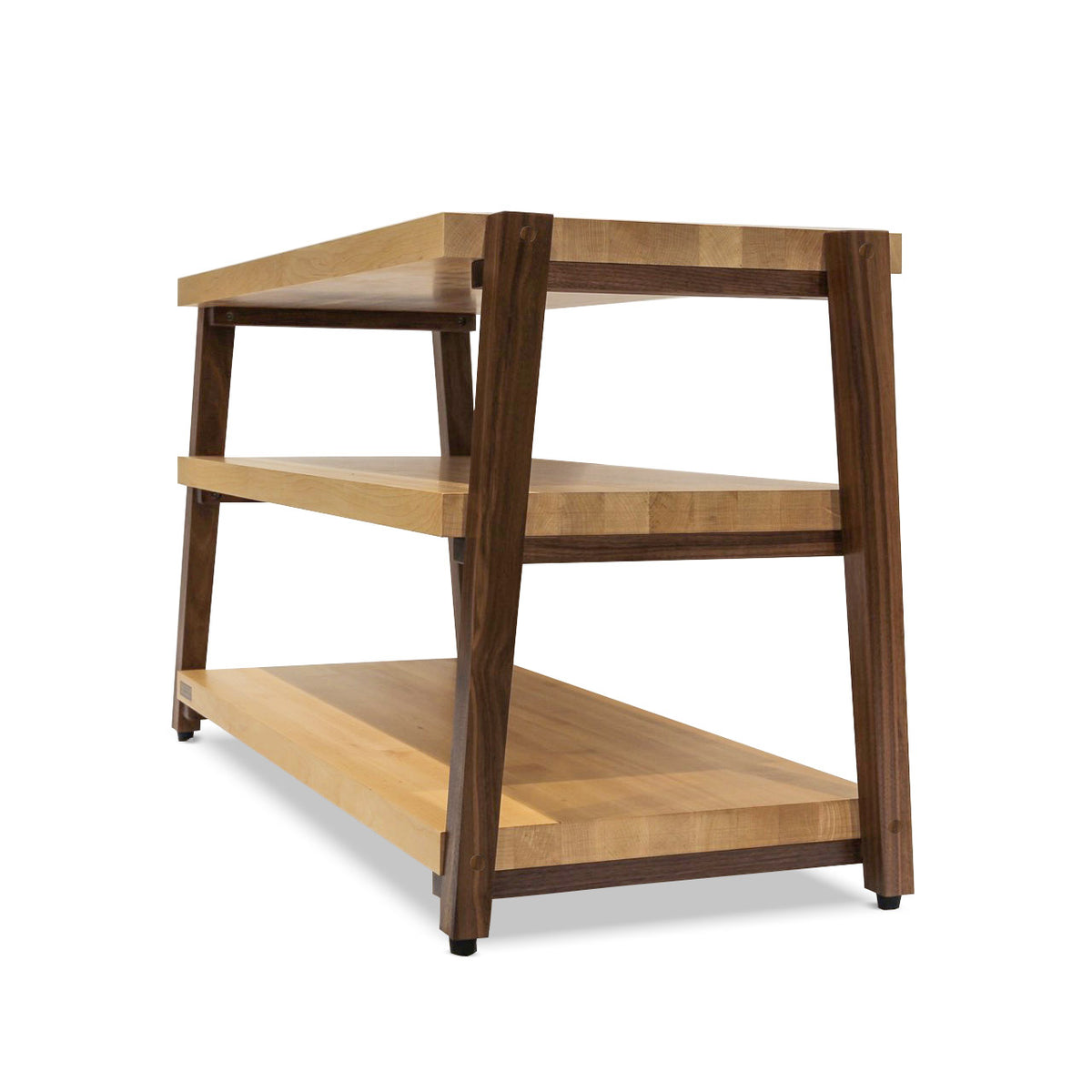 + rigidrackPLUS - 3 Shelf Rack - 1½" Thick Solid Maple Shelves - 1½" Walnut Legs - Extended Shelf Spacing | Choice of Footer - (Estimated Ship Date: 8/31/26)