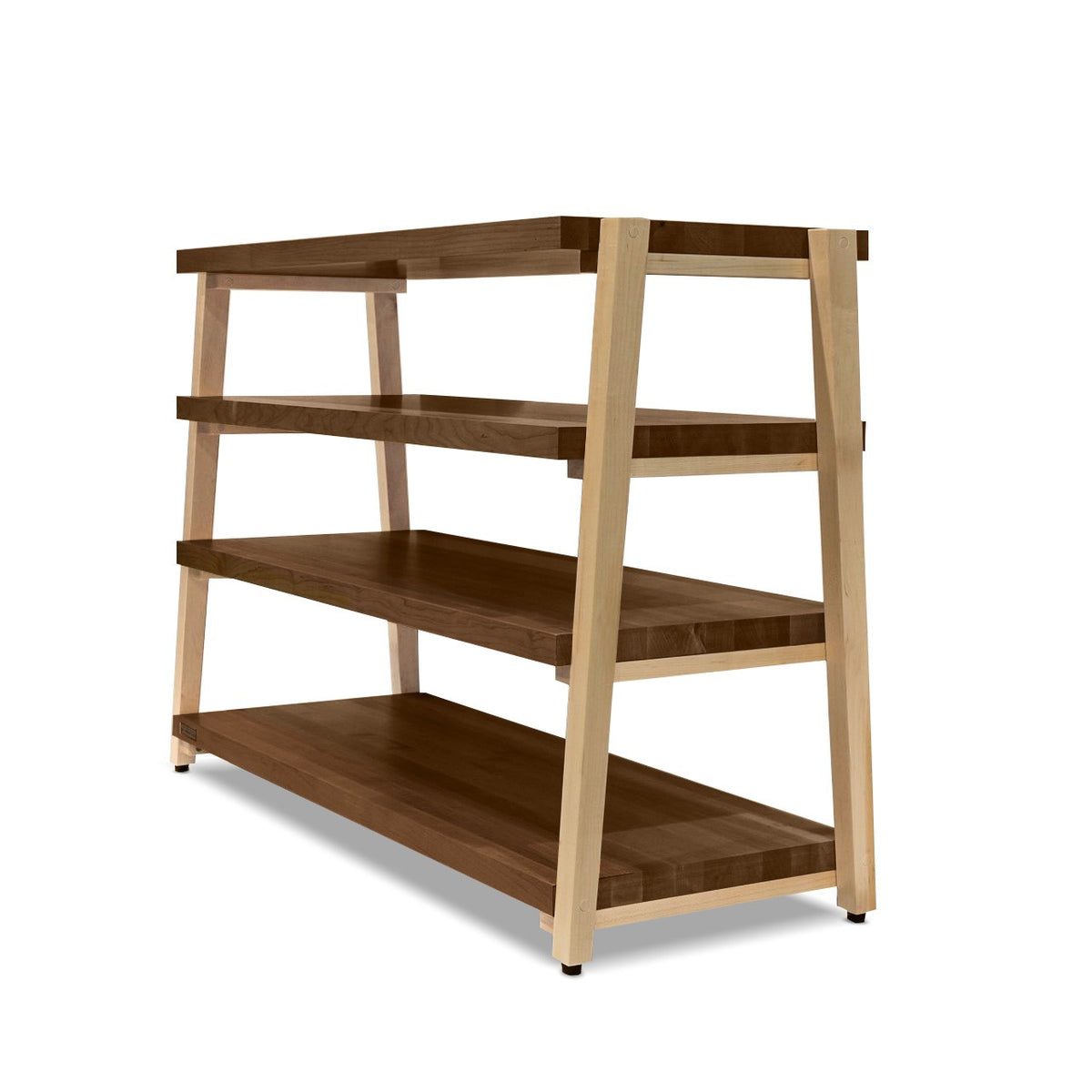 + rigidrackPLUS - 4 Shelf Rack - 1½" Thick Solid Walnut Shelves - 1⅝" Maple Legs - Extended Shelf Spacing | Choice of Footer