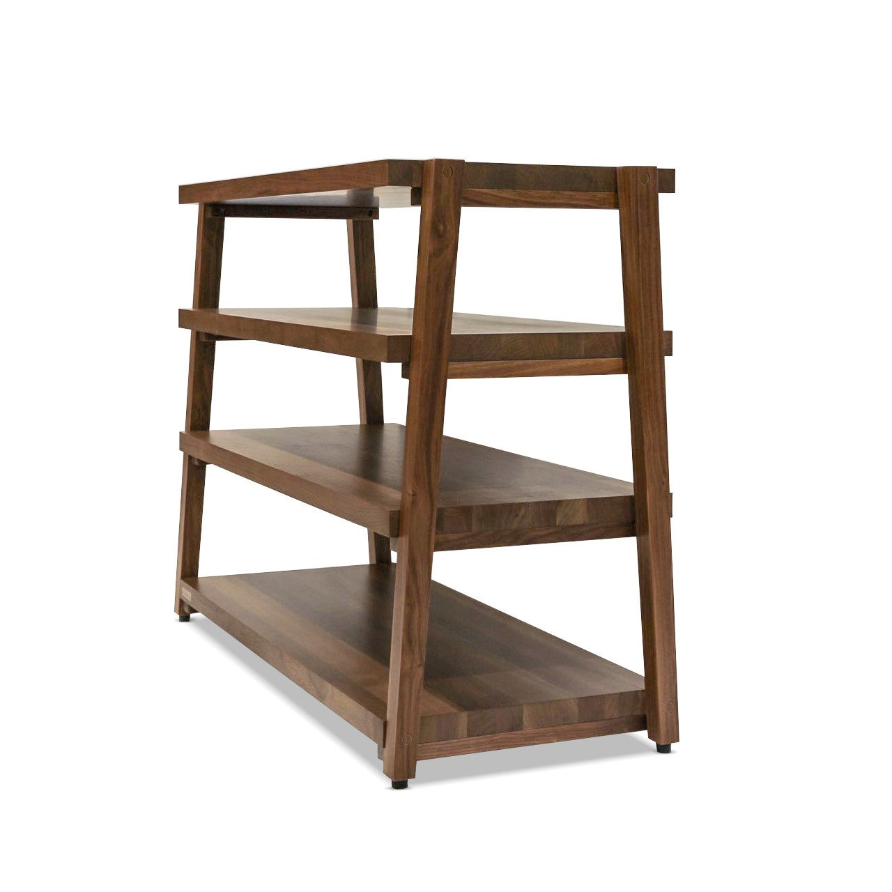 + rigidrackPLUS - 4 Shelf Rack - 1½" Thick Solid Walnut Shelves - 1⅝" Walnut Legs - Extended Shelf Spacing | Choice of Footer