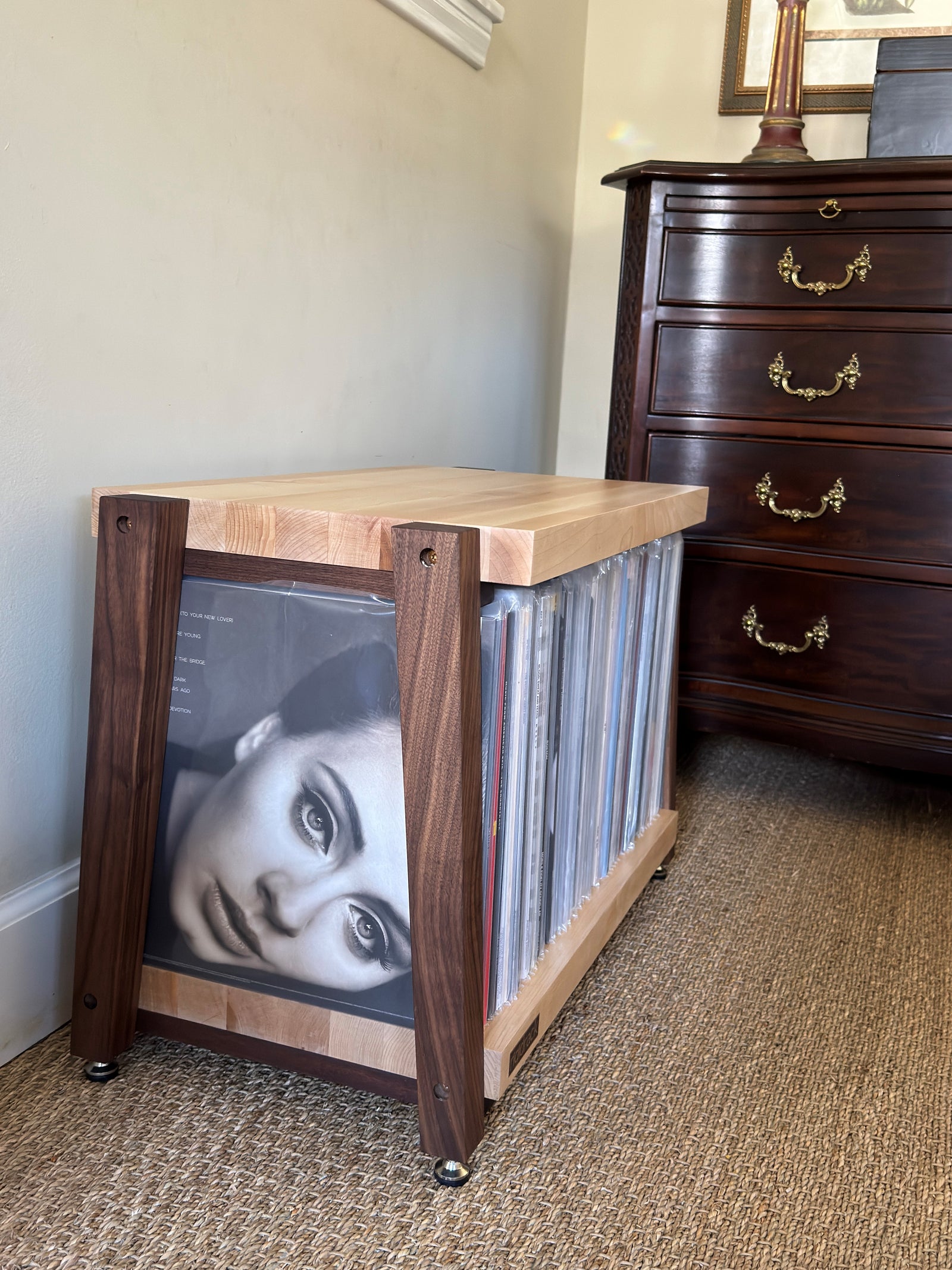 rigidrack® Record Rack - 1 Tier - 1½" Thick Solid Maple Shelves - 1½" Walnut Legs